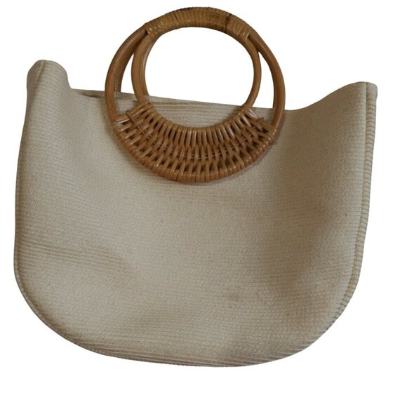 Handmade Embroidered Canvas Tote Bag With Bamboo Handles & Colorful Flower & But - Picture 2 of 9